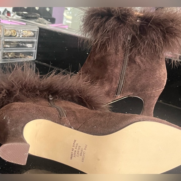 Fur Black Brown leather suede zipper ankle boots booties vintage HSN - Picture 4 of 5